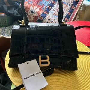 Balenciaga Black Croc-Embossed Mini Top Handle Bag with Gold 'B'